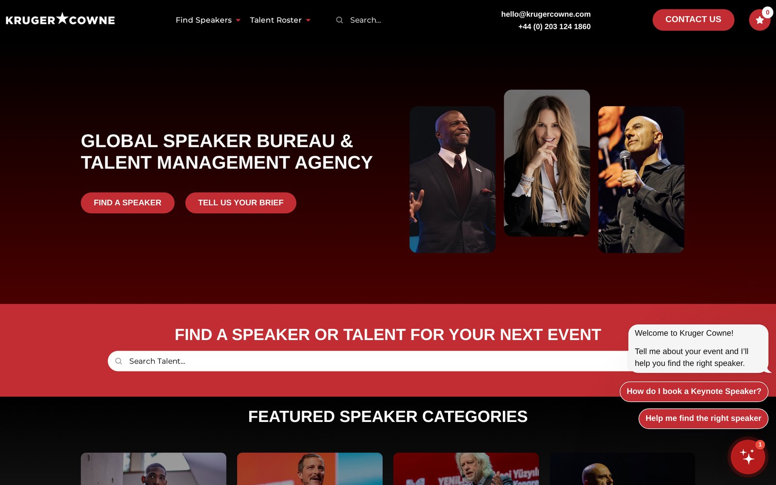 The Kruger Cowne website, a global speaker bureau and talent management agency