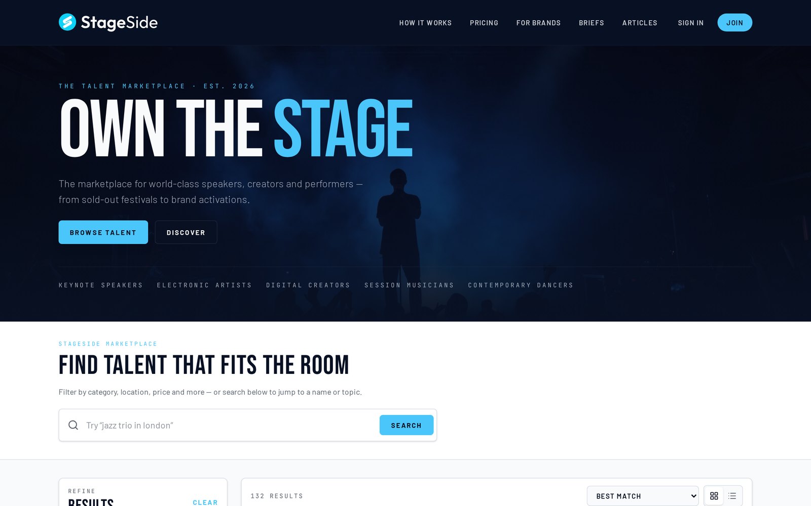 The StageSide website, a marketplace for booking speakers, creators and performers