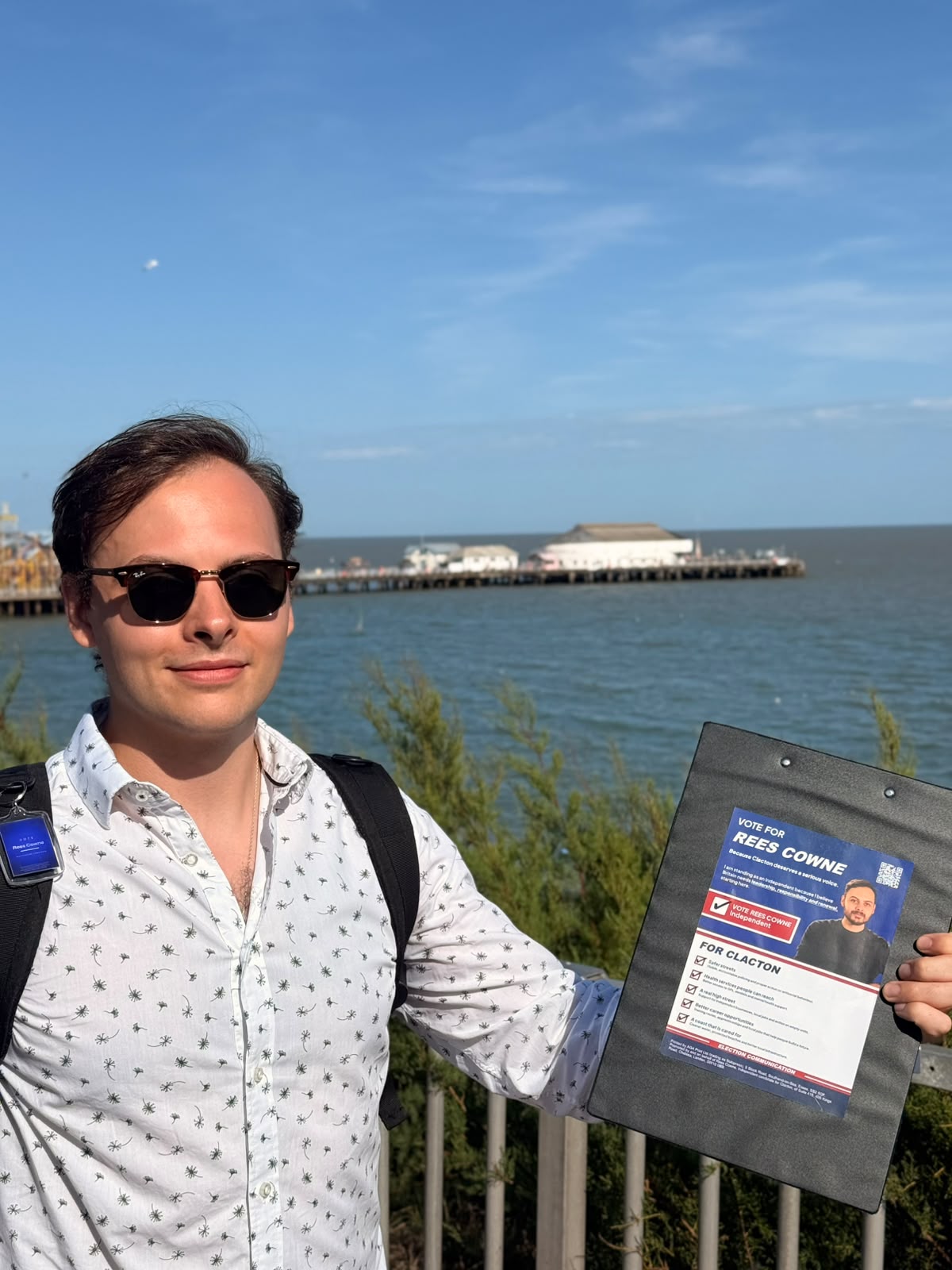 Rees Cowne on Clacton seafront during the 2026 campaign