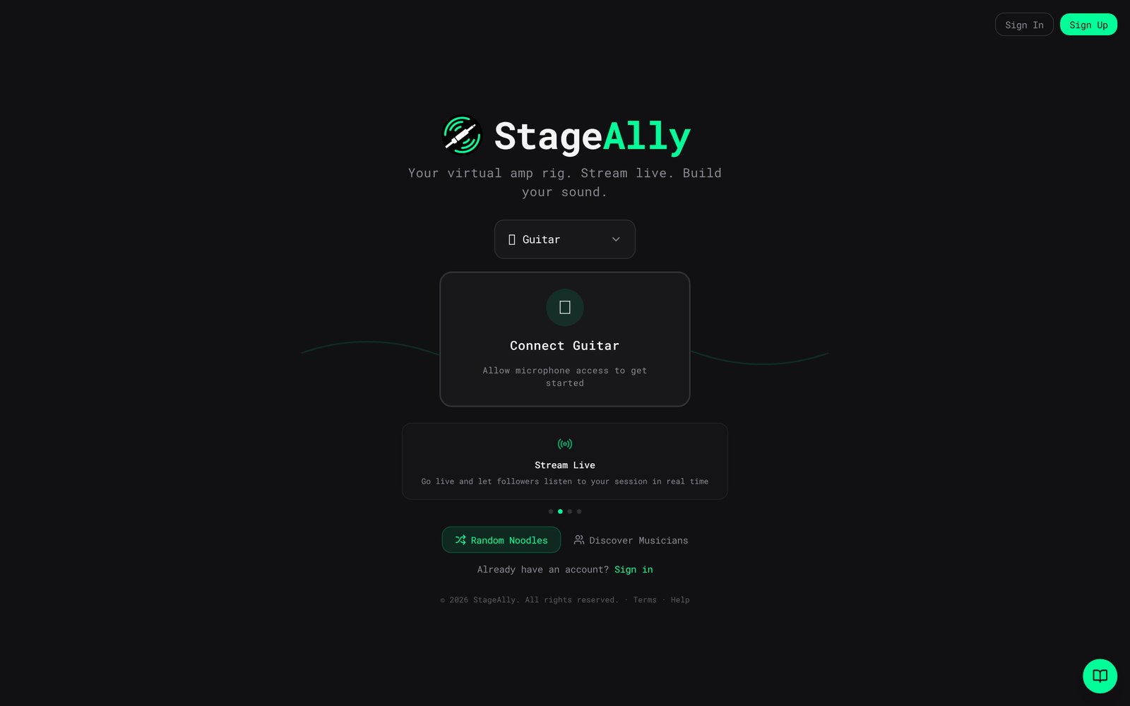 The StageAlly website, a browser-based virtual amp and livestream studio for musicians